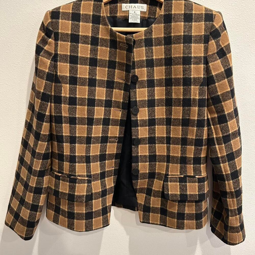Vintage CHAUS 100% wool/ lamswool brown/black plaid blazer sz 8 - Picture 6 of 8